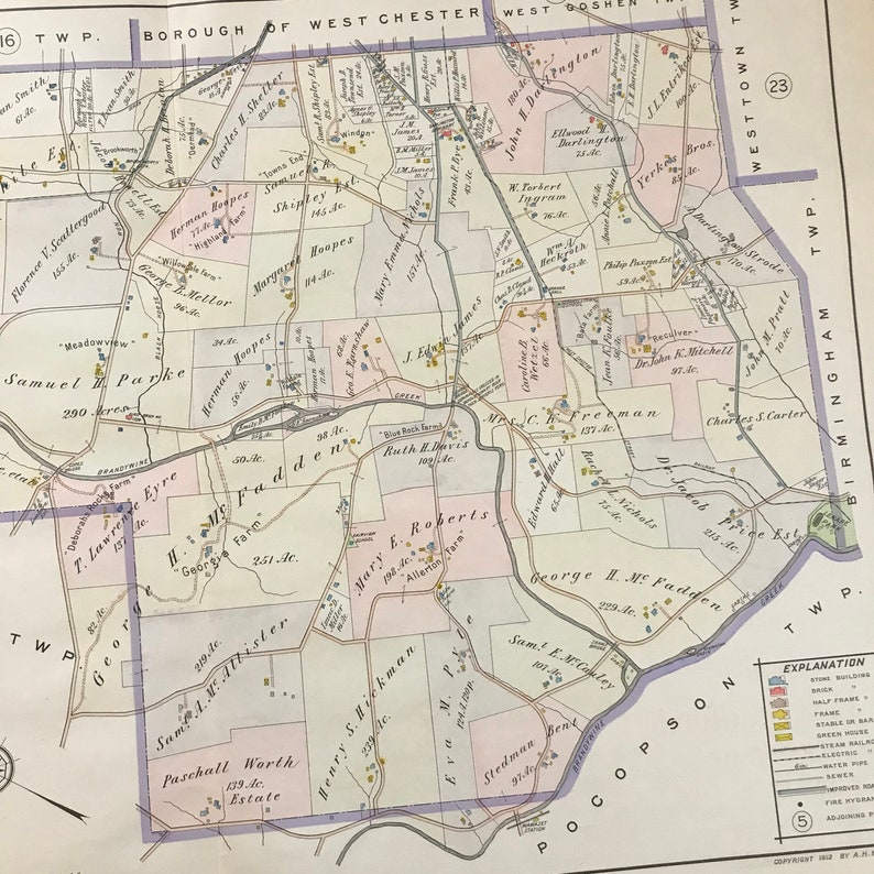 1912 Map of East Bradford Original Antique Map for Framing Etsy