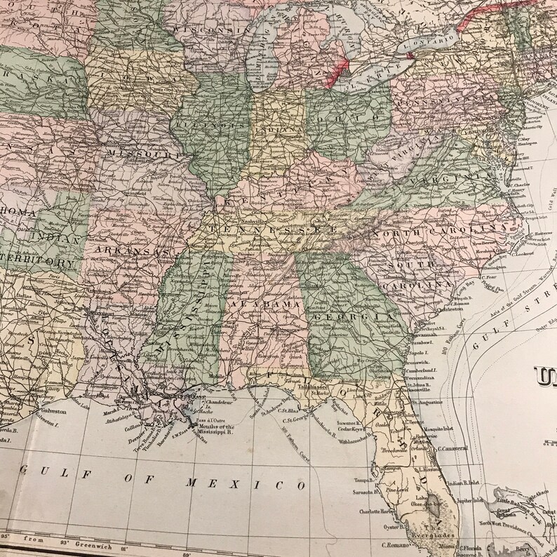1891 Antique Map of the United States Original 19th Century Etsy