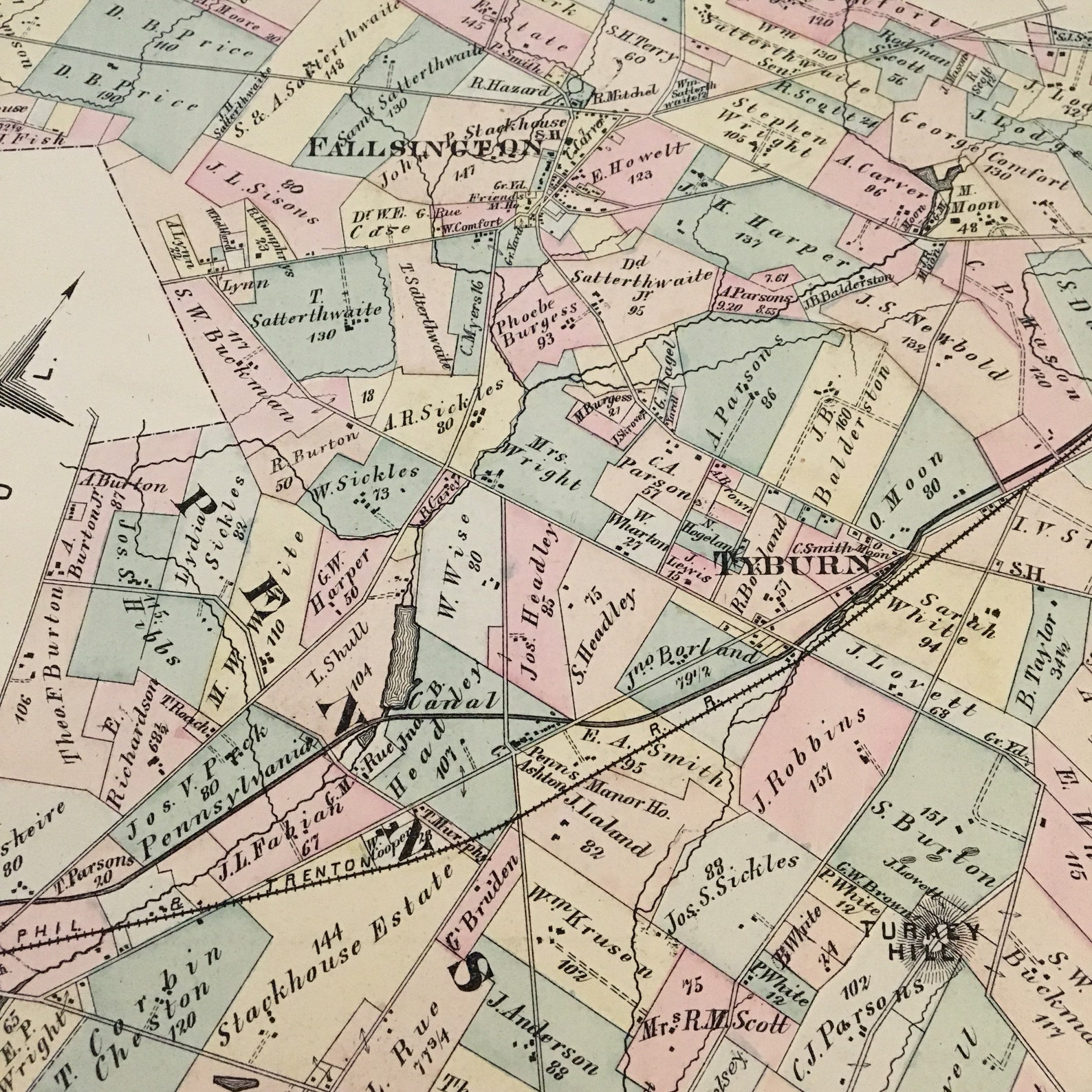 1876 Map of Falls Township Original Hand Colored Antique Map Etsy