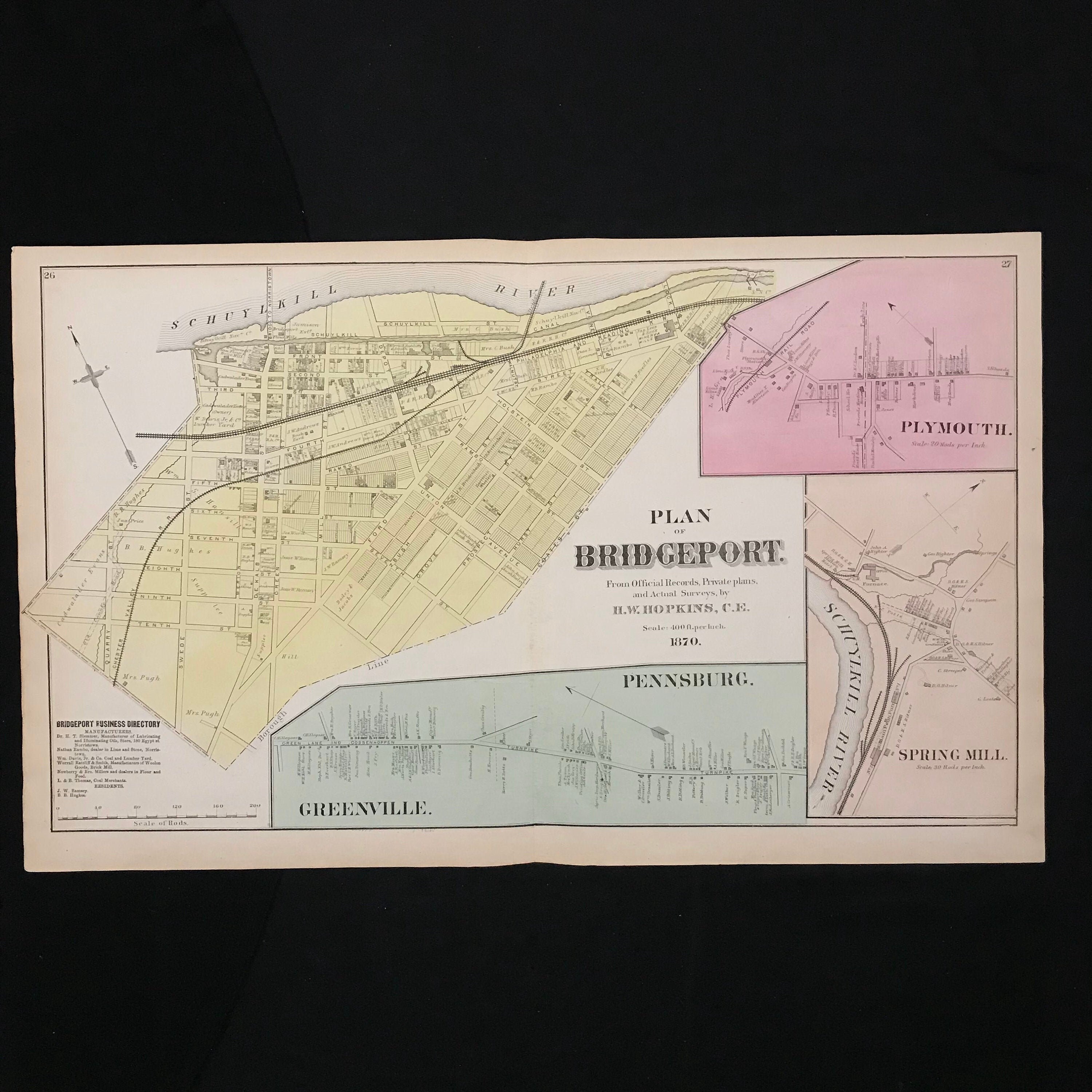 1871 Map of Bridgeport Pennsylvania Original Hand Colored Etsy