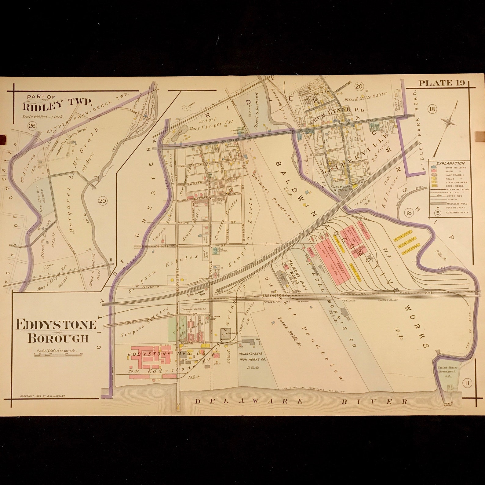 Original 1909 Map of Eddystone Borough Antique Hand Colored Etsy