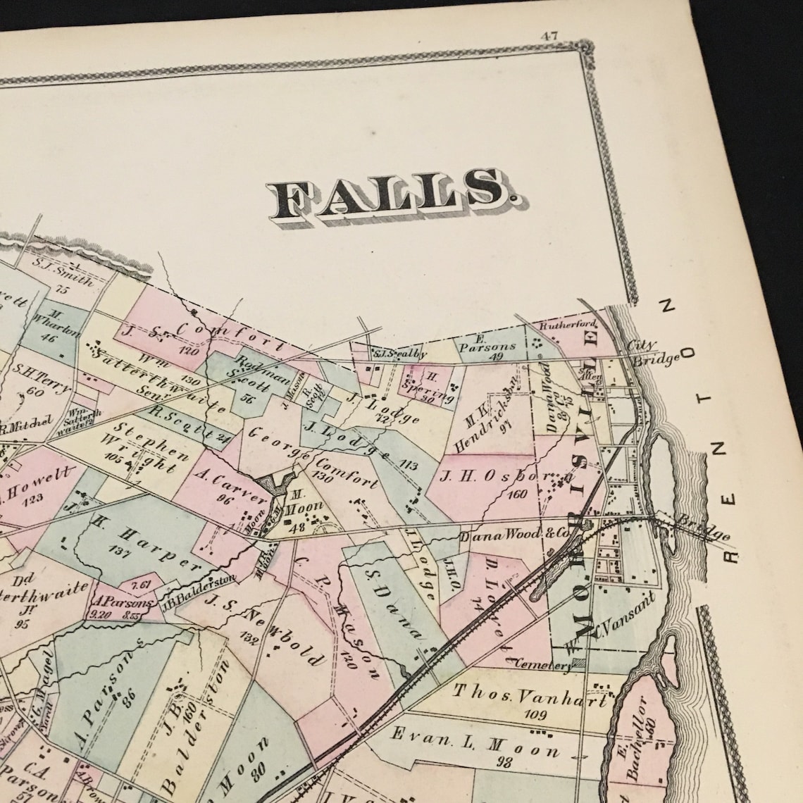 1876 Map of Falls Township Original Hand Colored Antique Map Etsy