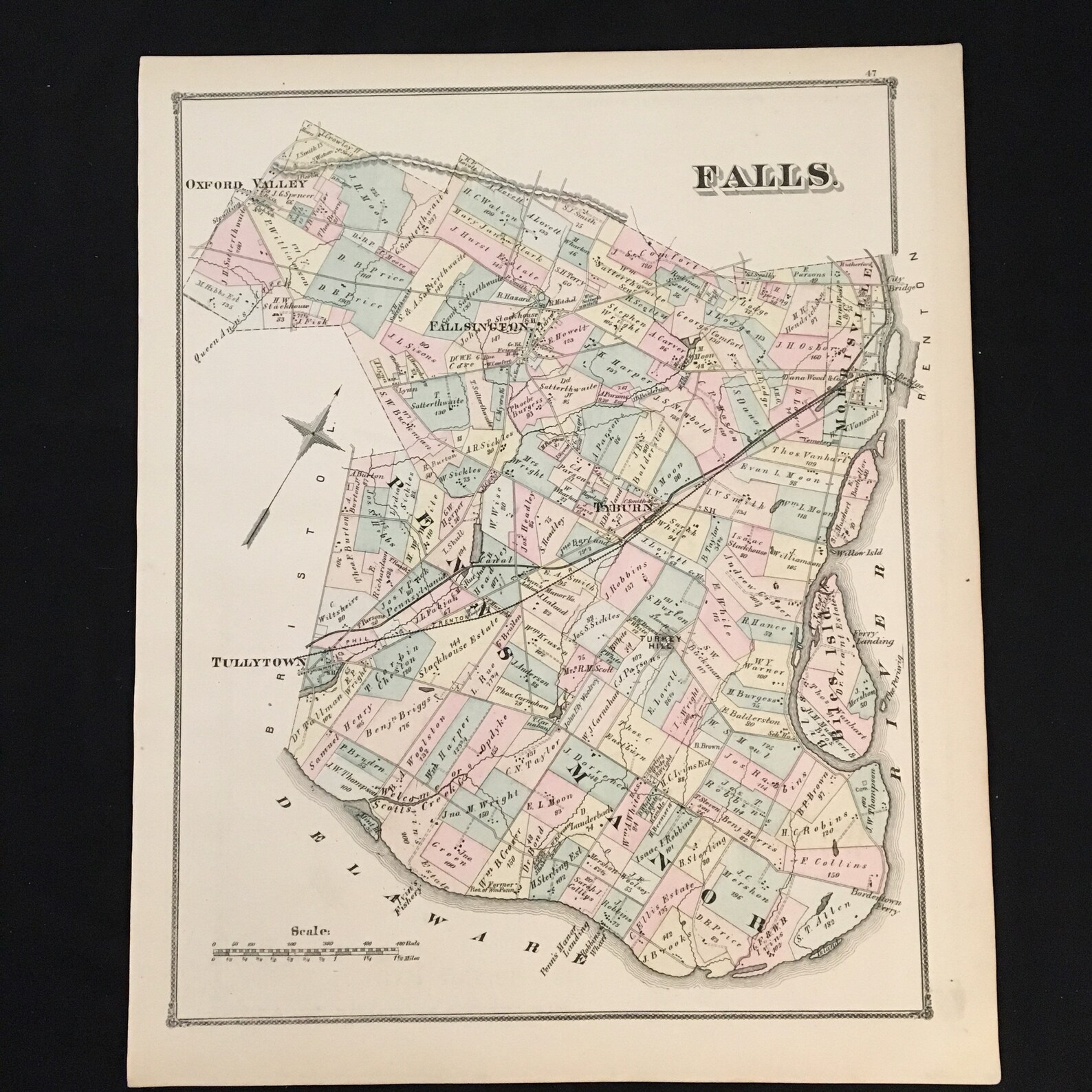 1876 Map of Falls Township Original Hand Colored Antique Map Etsy