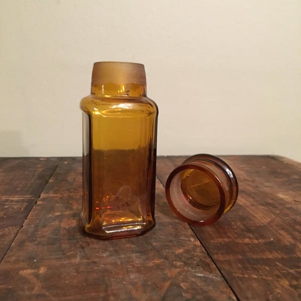 Antique Glass Medicine Jar with Glass-on-Glass Lid, 19th Century Amber Glass Apothecary Jar