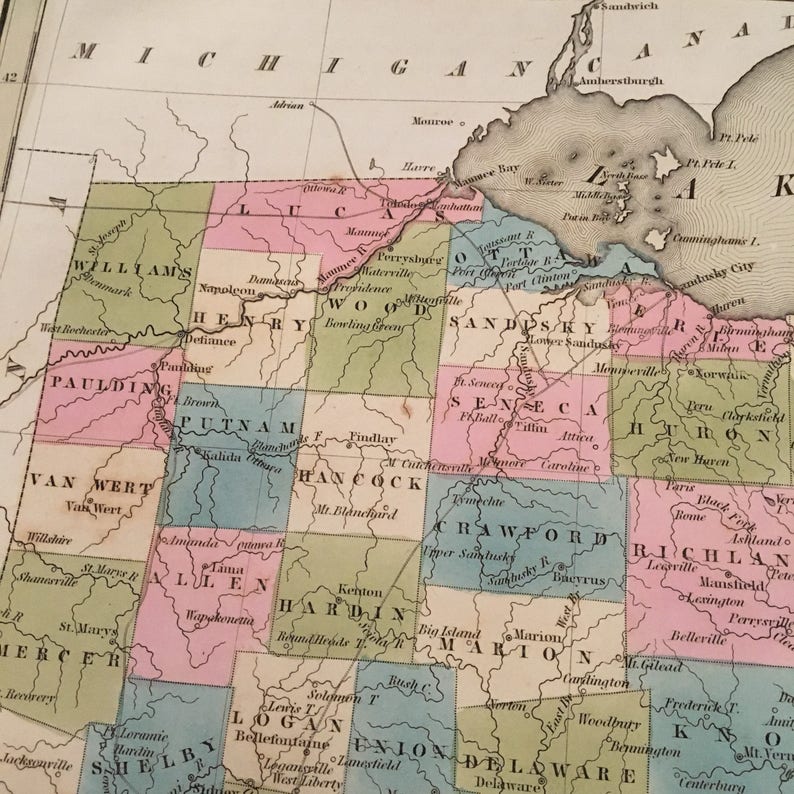 1842 Bradford Map of Ohio Original Hand Colored Antique Map Etsy Finland
