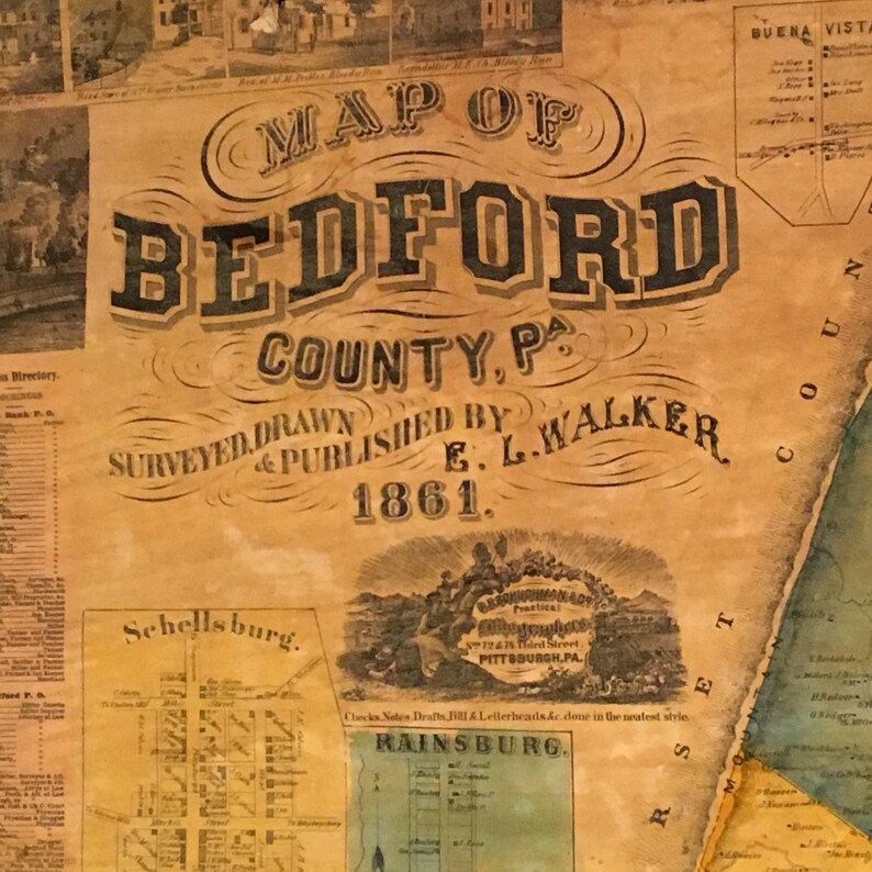 Rare 1861 Wall Map of Bedford County Pennsylvania Original Etsy