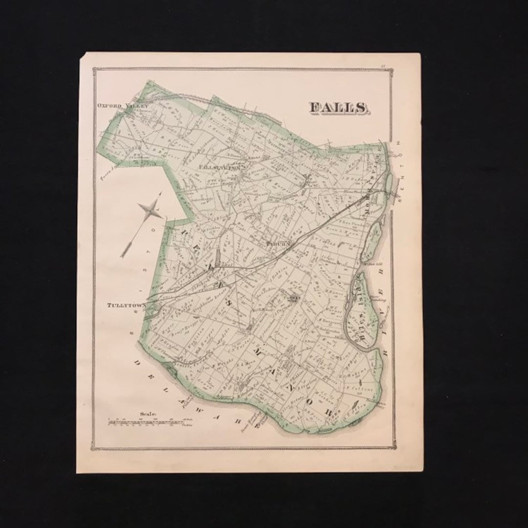 Original Antique Map of Falls Township Pennsylvania, 1876 Hand Colored