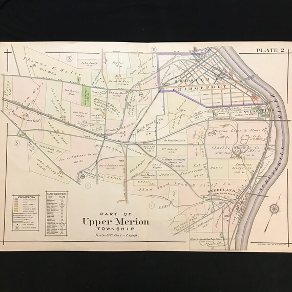 1912 Map of Bridgeport PA Original Hand Colored Antique Map Etsy