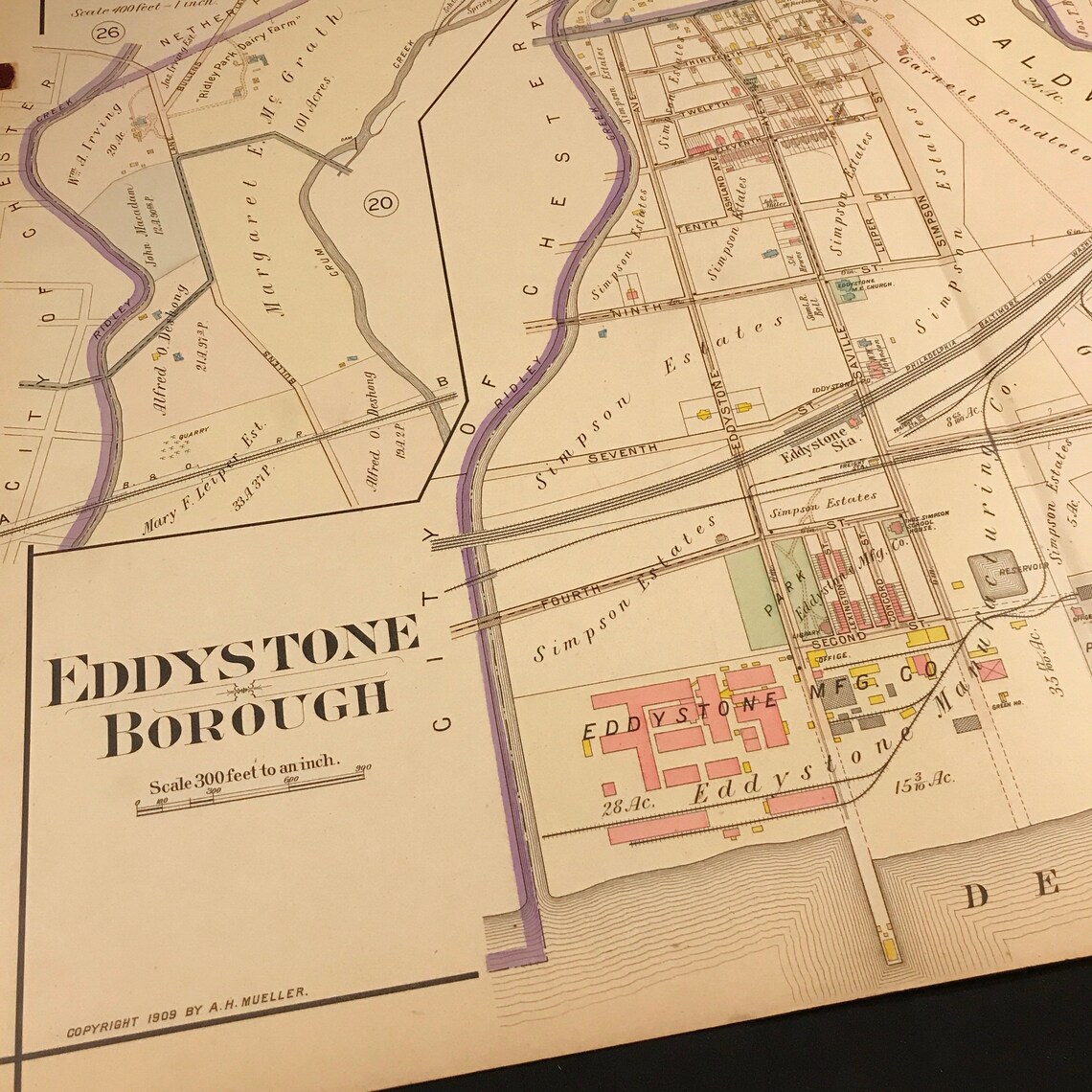 Original 1909 Map of Eddystone Borough Antique Hand Colored Etsy