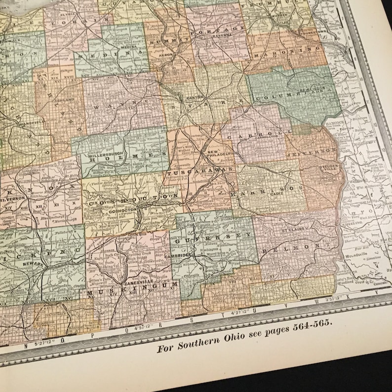 1887 Antique Map of Northern Ohio Original 19th Century Color Atlas Map for Framing