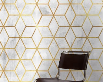 Gold Geo Cement Wallpaper, Wall Covering Art  Removable Self-Adhesive Wallpaper, Art Deco Wallpaper