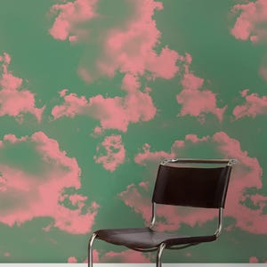 Puede incluir: Una silla de metal con un asiento de cuero marr&oacute;n frente a una pared con un patr&oacute;n de nubes rosas y verdes.
