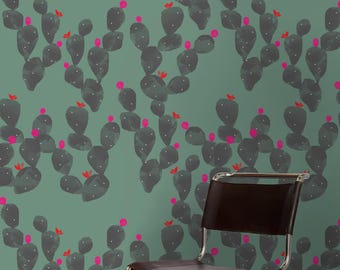 Papel pintado de cactus y nopales con acuarela verde, revestimiento de paredes, arte de cactus, papel pintado autoadhesivo removible, papel pintado despegable y pegable