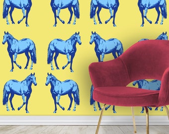 Yellow Blue Horse Wallpaper, Wall Covering, Art, Removable Self-Adhesive Wallpaper