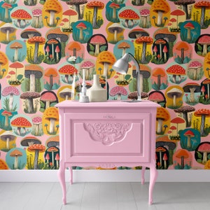 Mushroom Maximalist Pink Wallpaper, Wall Covering, Art, Removable Self-Adhesive Wallpaper