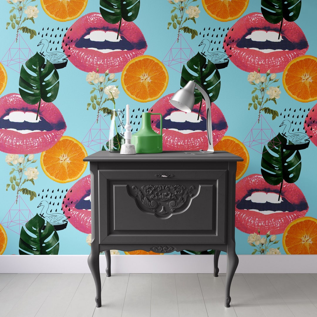 Orange Lips Wallpaper Kiss, Wall Covering, Art, Removable Selfadhesive