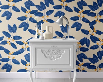 Blue Leaf Yellow Berry Wallpaper, Wall Covering Art Removable Self-Adhesive Wallpaper