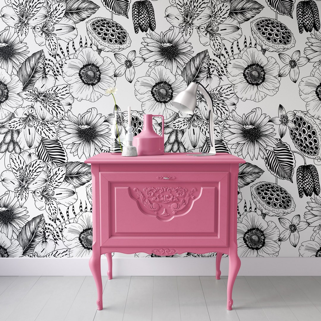 Black and White Garden Wallpaper, Wall Covering Art Removable Self