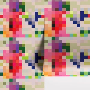 Puede incluir: Un patr&oacute;n repetitivo de cuadrados coloridos en tonos de rojo, rosa, azul, verde y amarillo. El patr&oacute;n recuerda a un dise&ntilde;o floral pixelado.