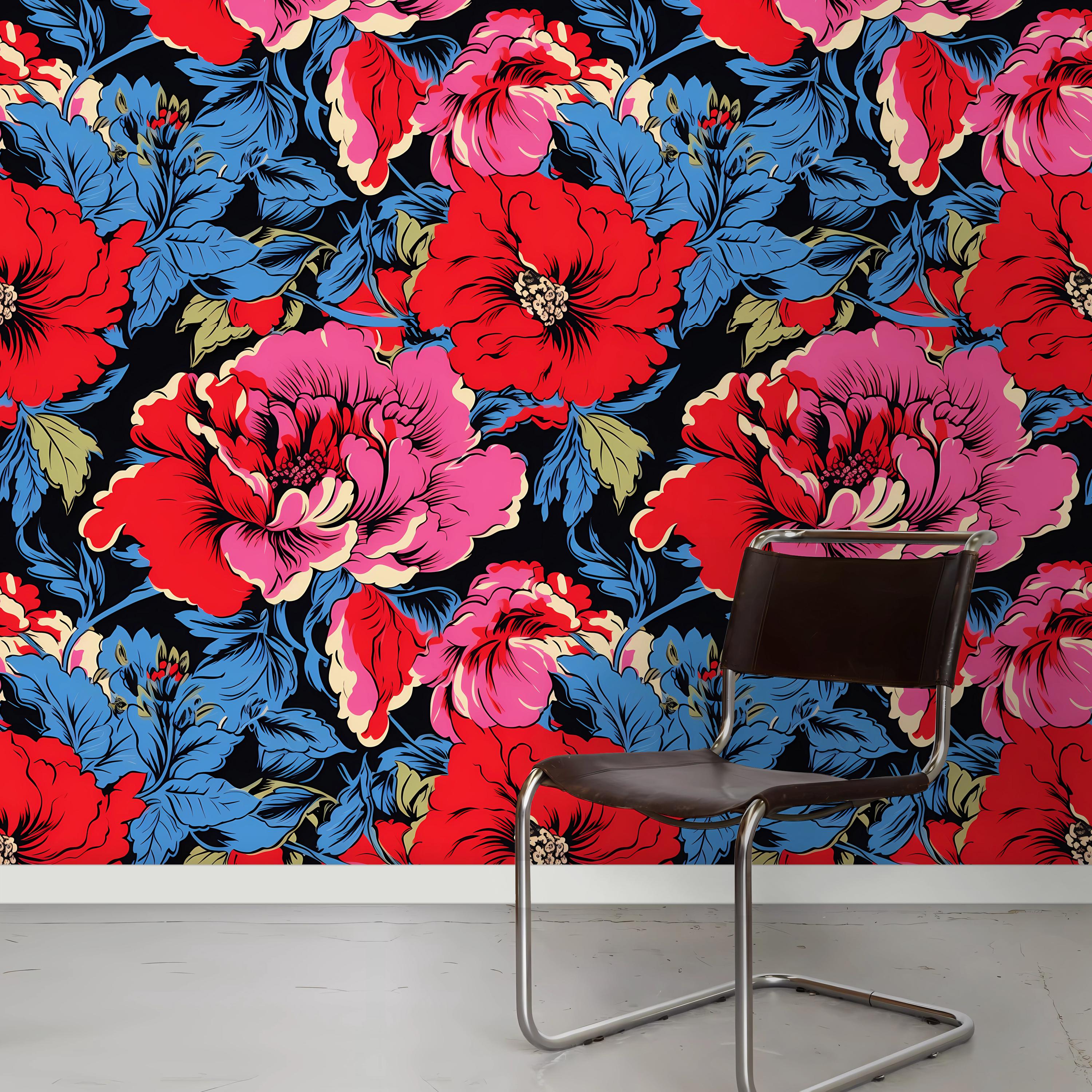 Red Pink Blue Floral Wallpaper, Removable Self-Adhesive Wallpaper, Botanical Wallpaper, Colorful Wallpaper