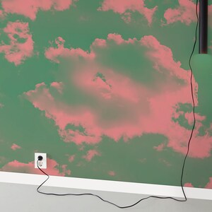 Puede incluir: Una pared verde y rosa con un patr&oacute;n de nubes. Un cable el&eacute;ctrico negro recorre la pared y est&aacute; enchufado a una toma de corriente.