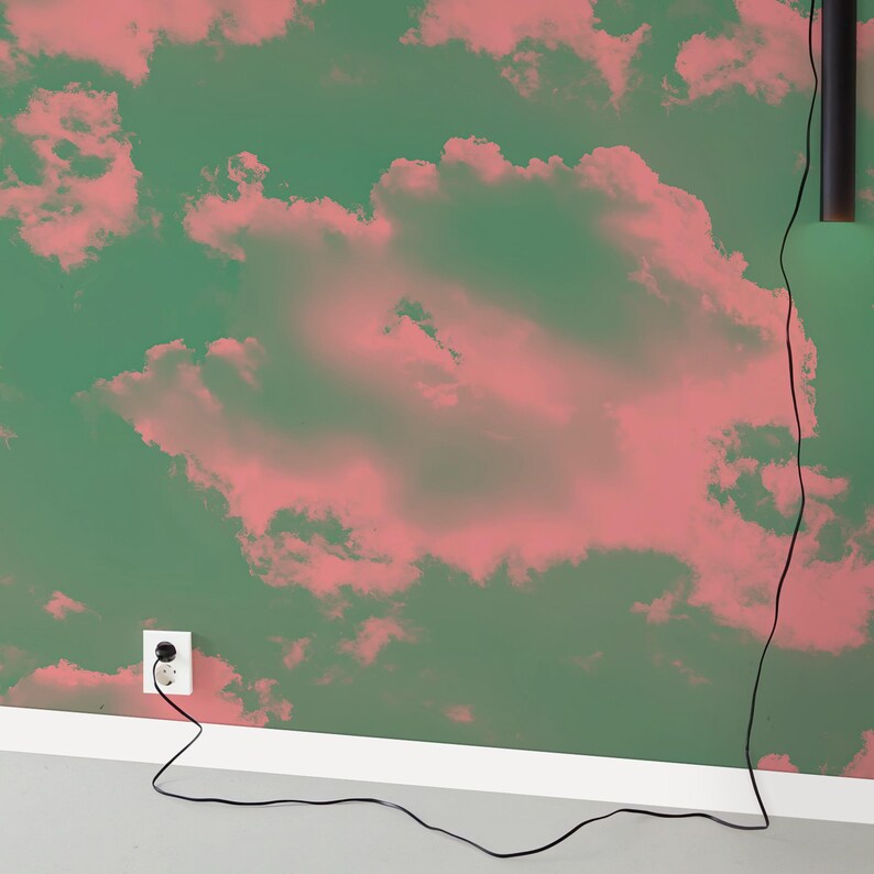 Puede incluir: Una pared verde y rosa con un patr&oacute;n de nubes. Un cable el&eacute;ctrico negro recorre la pared y est&aacute; enchufado a una toma de corriente.