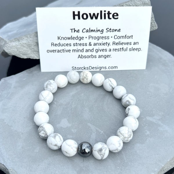 Howlite White Beaded Stone Bracelet Unisex Jewelry Gift For Her Gift Under 30 10mm Larger Calming Hematite Bead