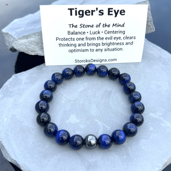 Blue Tigers Eye Mens 10mm Beaded Bracelet Unisex Jewelry Mens Beaded Bracelet Gift For Him Hematite Bead Gift For Her