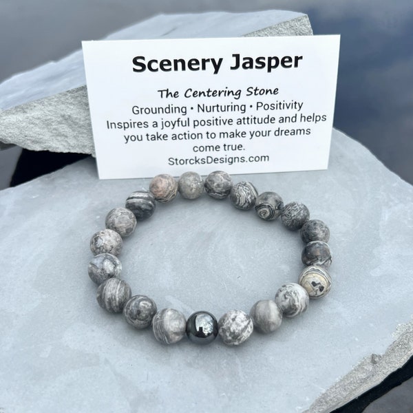 Scenery Jasper 10mm Stone Beaded Bracelet, Gifts for Him Her, Unisex Grey Bracelet, Schnauzer Colors, Positive stone, Jewelry under 30