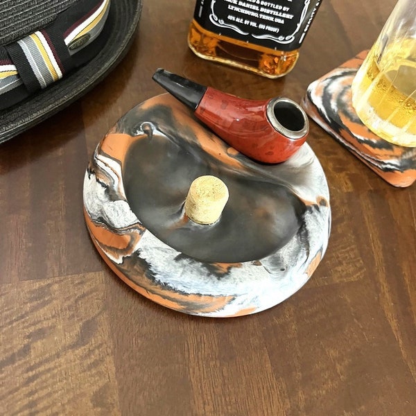 Concrete Pipe Ashtray with Cork Knocker:  Handmade Tobacco & Weed Pipe Ashtray • Dual Section Concrete Ashtray • Modern Smoking Accessory