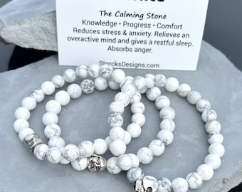 Howliet kralenarmband: uniseks witte stenen armband • Kalmerende sieraden cadeau voor hem of haar • Helend spiritueel mindful cadeau • Mannen en vrouwen