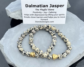 Dalmatian Jasper Beaded Bracelet: Unisex Stone Jewelry • Positive Energy Healing Bracelet • Boho Stackable • Mindful Gift for Him or Her