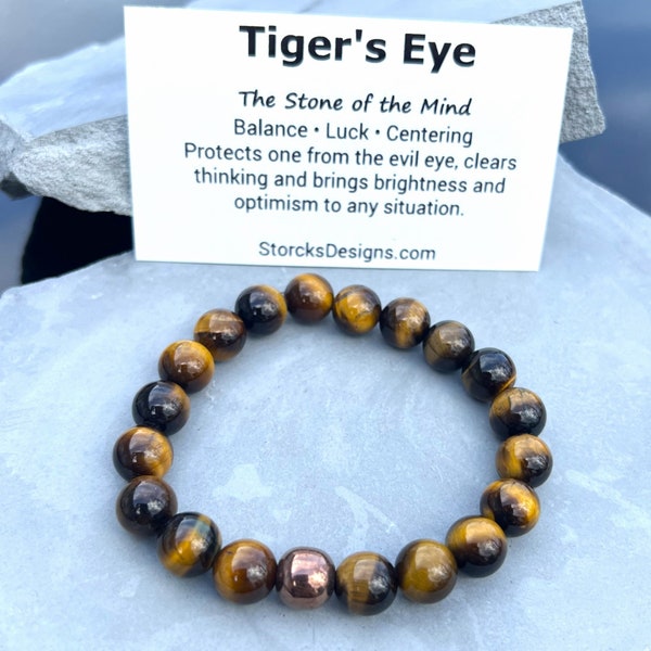 Brown Tigers Eye Beaded Bracelet Unisex Jewelry Under 30 Gift For Her Copper Bead Gift For Her 10mm Stone Womens Beaded Bracelet
