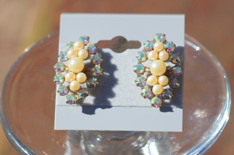 Vintage Estate Aurora Borealis AB Crystal and Pearl Art Deco Earrings