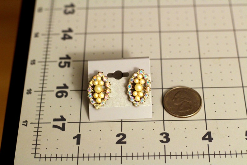 Vintage Estate Aurora Borealis AB Crystal and Pearl Art Deco Earrings