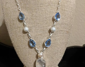Moonstone, pearl and iolite sterling silver Y necklace
