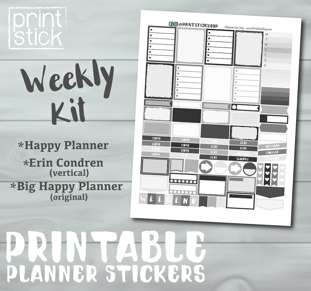 Gray Printable Planner Stickers Grayscale Erin Condren V, Reg & Big Happy Planner PRINTABLE Kit ...