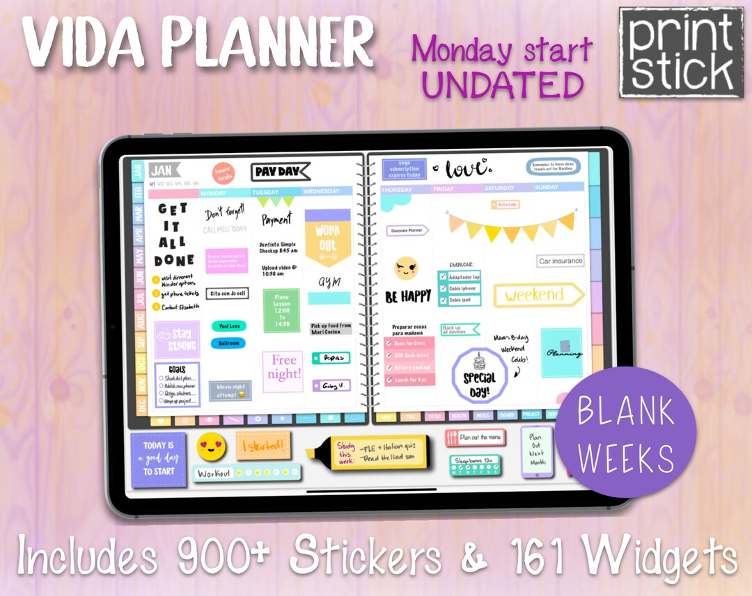 Undated Digital Planner W Stickers for iPad Goodnotes Notability ...