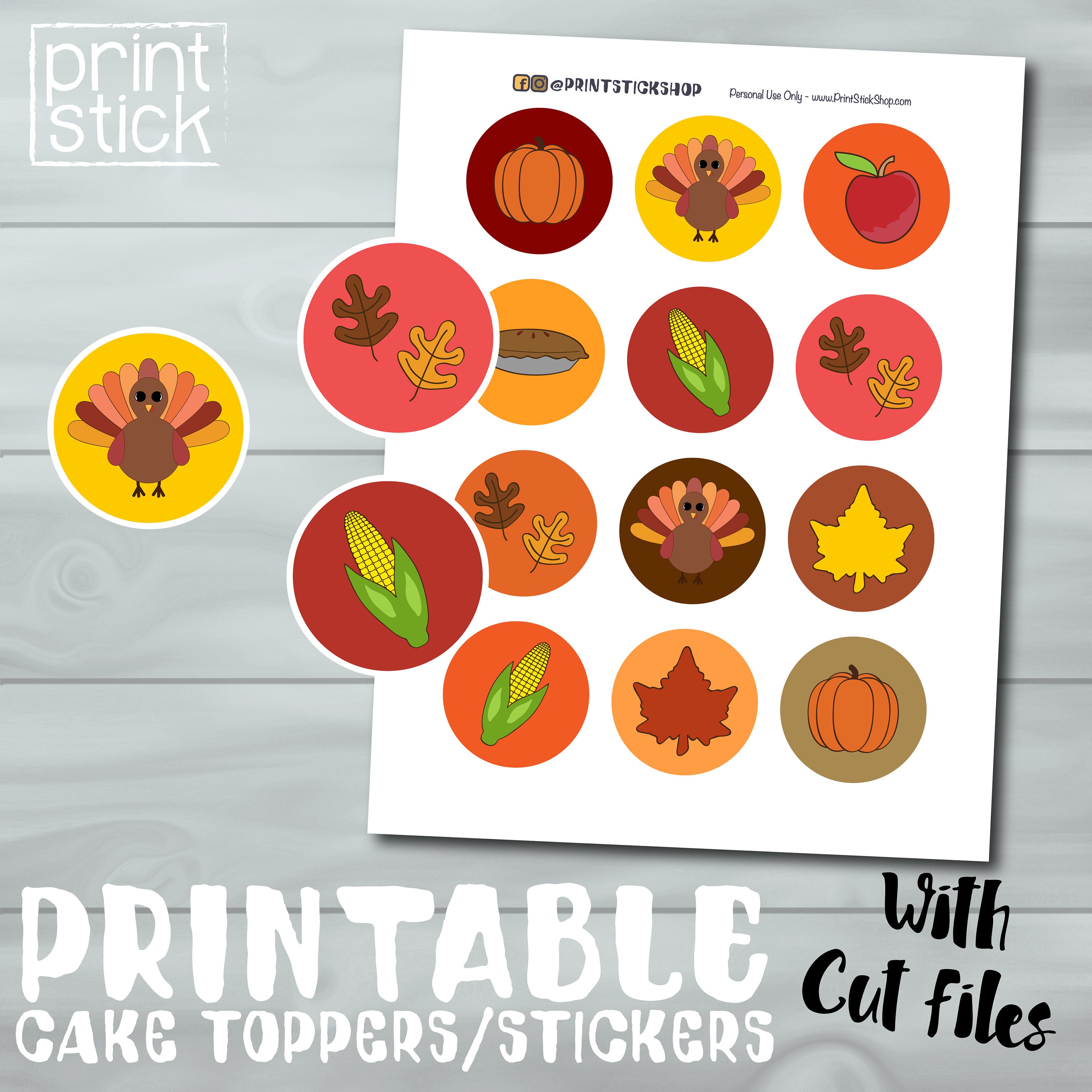 thanksgiving cake toppers - printable die cuts - 2" circle