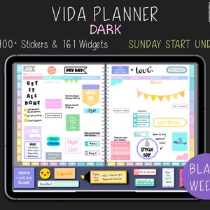 Puede incluir: Un planificador digital en la pantalla de una tableta con un fondo oscuro. El planificador tiene un diseño colorido con pegatinas y widgets. El texto "VIDA PLANNER DARK" está en la parte superior de la pantalla. El texto "SUNDAY START UNDATED" está en la parte superior derecha de la pantalla. El texto "BLANK WEEKS" está en la parte inferior derecha de la pantalla.