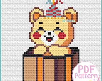Bear Cross Stitch pdf pattern. Cute birthday bear cross stitch pattern PDF - Instant download -