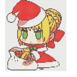 Op de afbeelding: Een gepixeld beeld van een stripfiguur in een kerstmuts en rode outfit, met een cadeau in de hand. Het personage heeft geel haar, groene ogen en een witte baard. De afbeelding bestaat uit kleine, gekleurde vierkantjes.