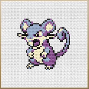 May include: Cross-stitch design of a pixelated mouse-like creature in shades of purple, blue, and cream. The creature has large ears, a long tail, and is set against a white background within a framed border. The design is reminiscent of a video game character.