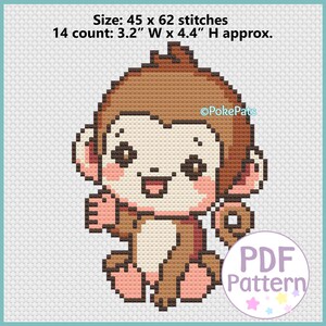 May include: A cross-stitch pattern of a cartoon monkey with brown, tan, and pink colors. The monkey has a smiling face and is approximately 3.2 inches wide and 4.4 inches high. The pattern is a PDF.