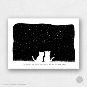 Manifesto con citazione divertente sul gatto, e insieme hanno meditato sul loro desiderio più profondo sulle stelle magiche, stampa artistica stravagante, amore, biglietto di anniversario