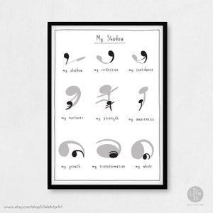 Mijn schaduw, inspirerende poster, aanmoedigingskaart, grillig, motiverend, cartoon, grappig, storyboard, illustratie, strip, carl jung