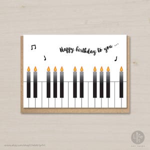 Cartão de feliz aniversário para imprimir, velas de aniversário, piano, cartão de aniversário para crianças e adultos, para ele, para ela