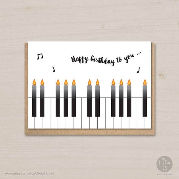 Happy Birthday card printable, birthday candles, piano, birthday card for kids and adults, for him, for her