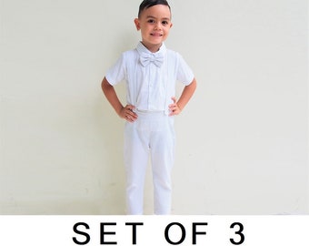 SET OF 3 - 10% Disc - 3 x 3 pcs. Boy Wedding Suit - White, Suspender pants, Page Boy Outfit, Ring bearer suit,Boy Linen suit, Navy Blue suit