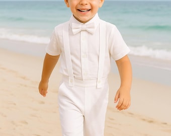 Linen Blend Ring Bearer Suit: White Shirt, Suspender Pants & Bow Tie